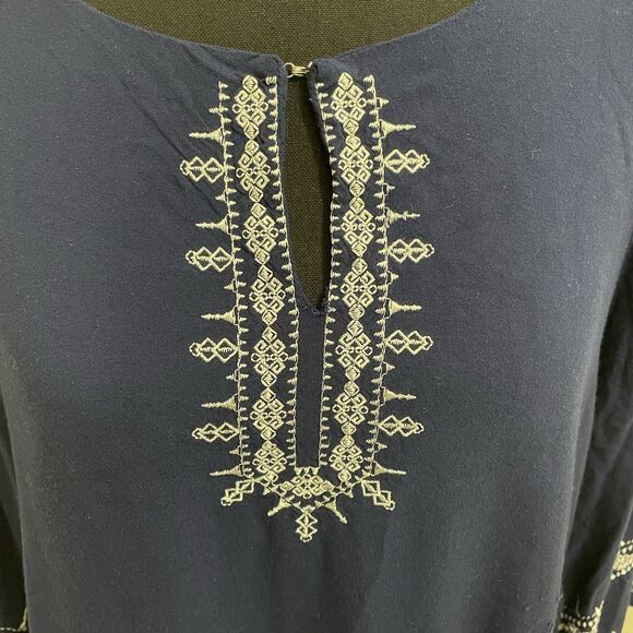 Liz Claiborne Blouse Keyhole Neck 3/4 Sleeve Shirt Blue Large Boho Embroidered‎ - Picture 4 of 10